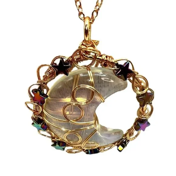 New Opal Copper Wire Wrapped Moon Pendant Gold Tone Necklace - Picture 4 of 13